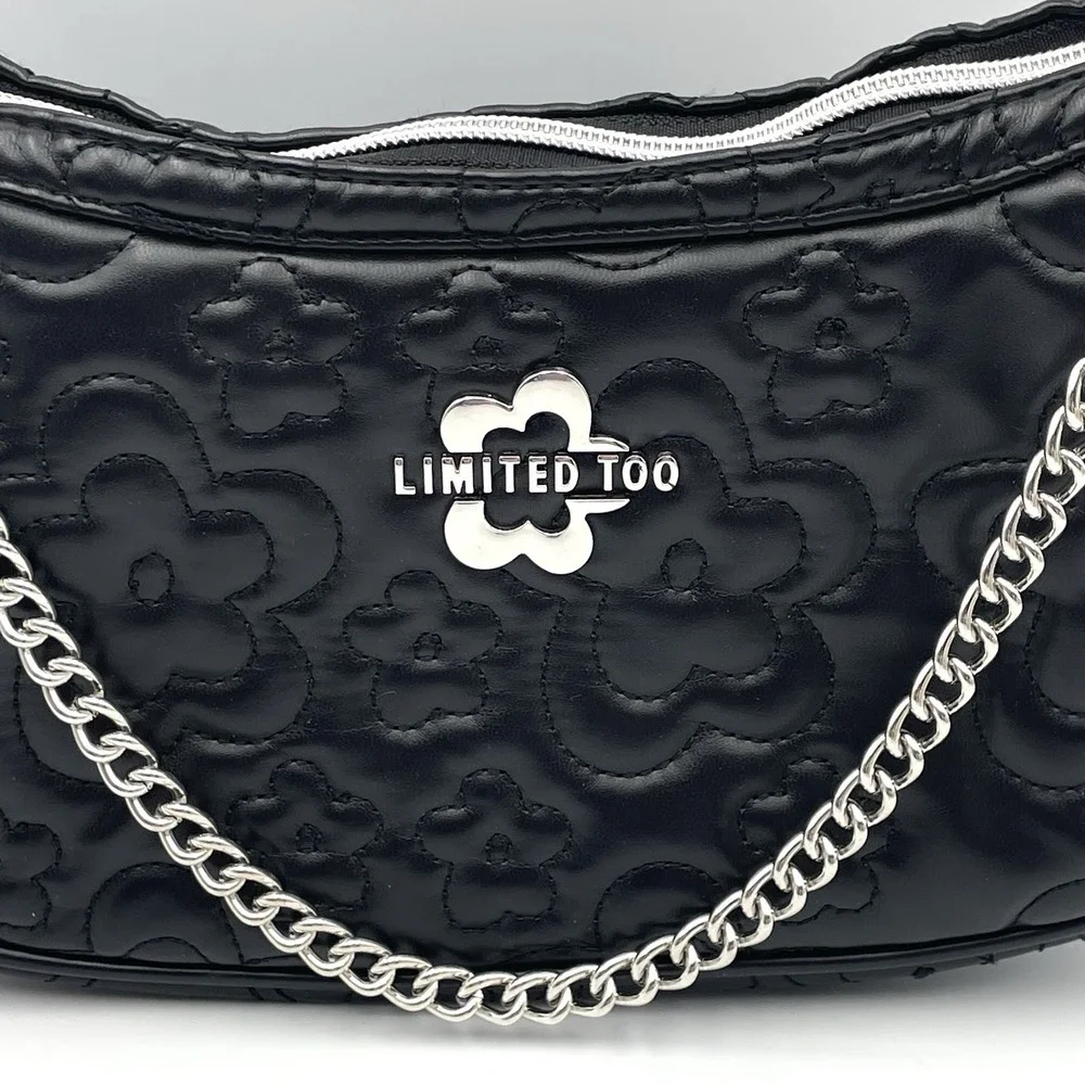 Vintage Y2K Limited Too Purse Bag Black Quilted Flower Shoulder Strap Chain EUC